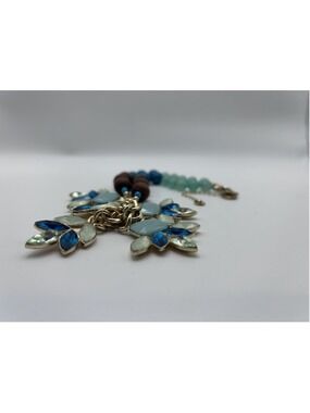 Necklace Blue Beaded Bib Flower Statement Gold Tone Wood Rhinestone Lobster